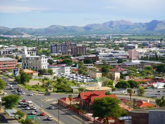 12 February 2022 - Windhoek, Namibia : View across city center o 12 February 2022 - Windhoek, Namibia : View across city center o